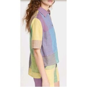 Abacaxi Scarf Hem Button Up Shirt Unisex Small Patchwork Plaid Short Sleeve